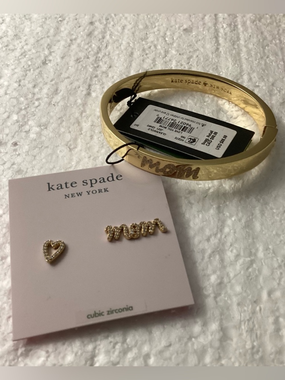 kate spade Love You, Mom Pavé Asymmetrical Stud Earrings & Gold Bangle Bracelet
